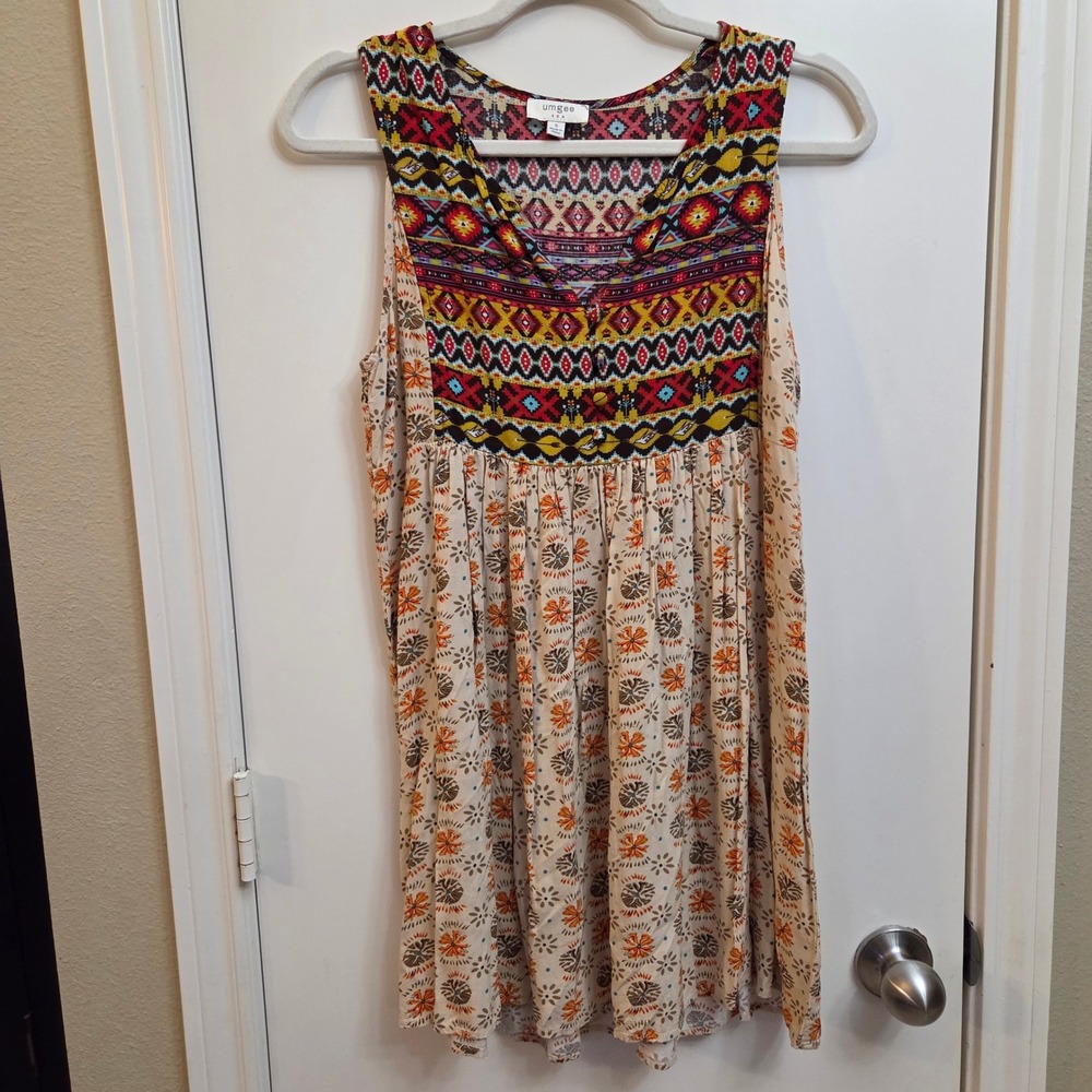 Umgee Womens Small Sleeveless Babydoll Tunic Top Mixed Tribal Floral Print Boho